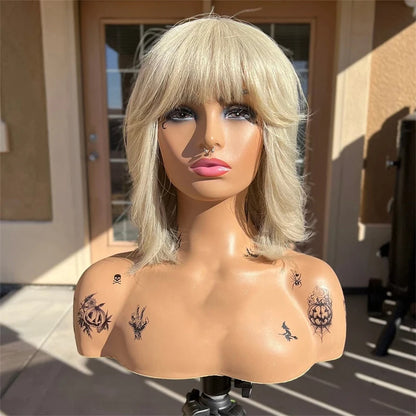 Platinum Blonde Lace Part Wig with Bangs Short Bob Woman Wigs Ladies Fringe Glueless WEar and Go Hd Transparent Lace Front Wig