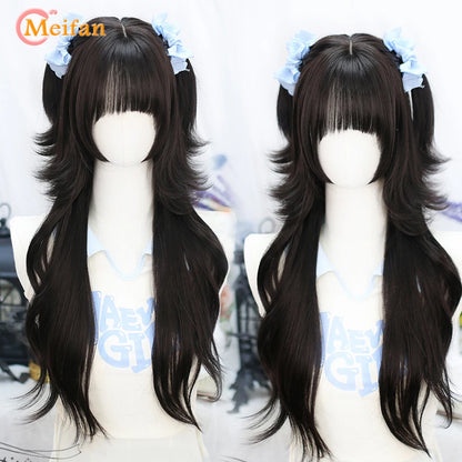 MEIFAN Synthetic Long Straight Lolita Wig with Bangs Wig Girl Cute Ombre Pink Blonde Black Cosplay Party Halloween Harajuku Wig