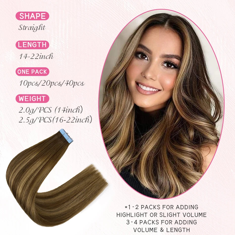 PLADIO Tape in Hair Extensions Human Hair Highlight Seamless Double Side Skin Weft PU Invisible Tape Ins Remy Virgin Hair 14-22"