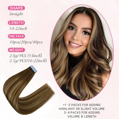 PLADIO Tape in Hair Extensions Human Hair Highlight Seamless Double Side Skin Weft PU Invisible Tape Ins Remy Virgin Hair 14-22"