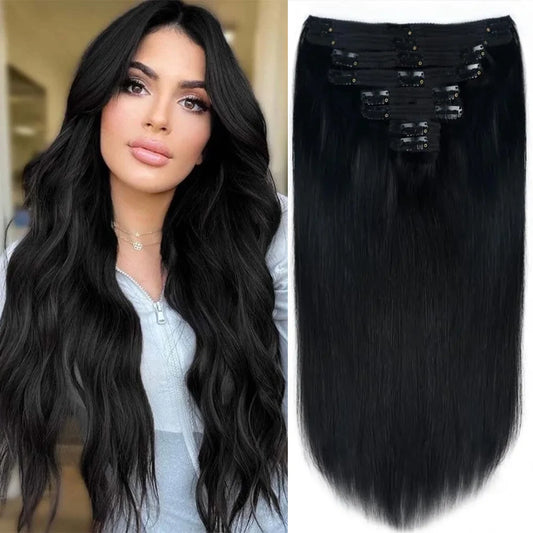 Straight Clip In Hair Extensions Full Head 8Pieces 120G/Set  Brazilian Remy Virgin 100% Human Hair Natural Black Color For Women