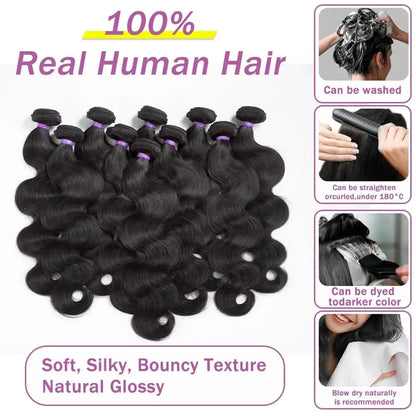 Human Hair Bundles with Closure Body Wave Brazilian Virgin Human Hair Weave 3 Bundles with 4x4 Lace Closure Natural Black Color