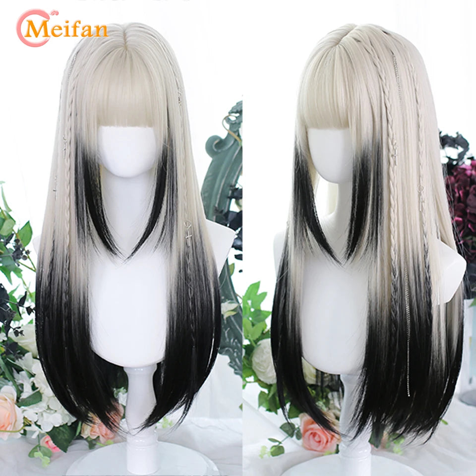 MEIFAN Synthetic Long Straight Lolita Wig with Bangs Wig Girl Cute Ombre Pink Blonde Black Cosplay Party Halloween Harajuku Wig