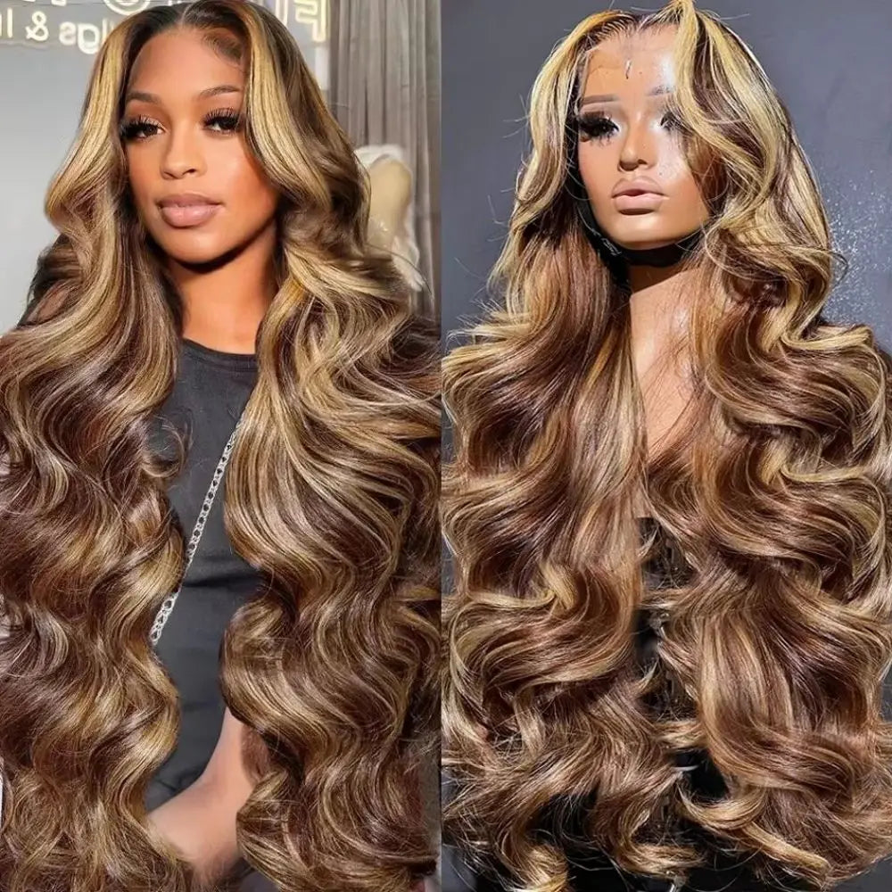 P4/27 Highlight Ombre Brown Body Wave 13x6 Human Hair Wig Honey Blonde Colored 13x4 HD Lace PrePlucked 40 50 Inch Wigs For Women