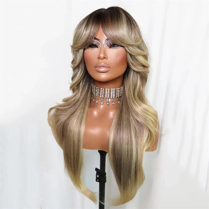 Long Curtain Bangs Wig Sexy Bouncy Blowout Lace Part Wig Hair Layered Glueless Daily Wear Blonde Ash Dark Root Balayage Ombre