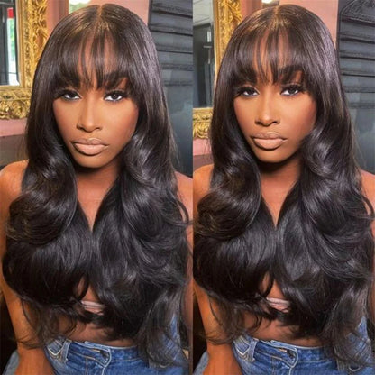 Middle T Part Body Wave Human Hair Wig With Bangs for Black Women 3x1 Lace Wigs 200 Density Brazilian 30 32 Inch Wigs on Sale