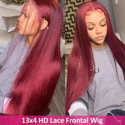 Burgundy Straight 13x6 HD Lace Frontal Wigs Human Hair 30 40 42 Inch 99j Red Colored 13x4 Transparent Lace Front Human Hair Wigs