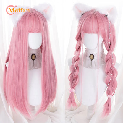 MEIFAN Synthetic Long Straight Lolita Wig with Bangs Wig Girl Cute Ombre Pink Blonde Black Cosplay Party Halloween Harajuku Wig