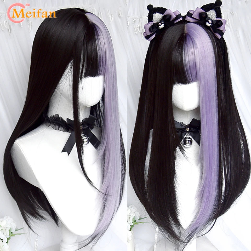 MEIFAN Synthetic Long Straight Lolita Wig with Bangs Wig Girl Cute Ombre Pink Blonde Black Cosplay Party Halloween Harajuku Wig