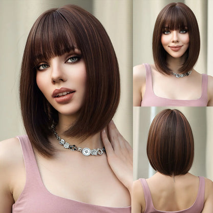 Short Straight Bob Wigs for Women Black Brown Synthetic Natural Hair Wig with Bangs Heat Resistant Cosplay Daily Use Hair