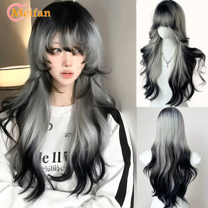 MEIFAN Synthetic Long Straight Lolita Wig with Bangs Wig Girl Cute Ombre Pink Blonde Black Cosplay Party Halloween Harajuku Wig