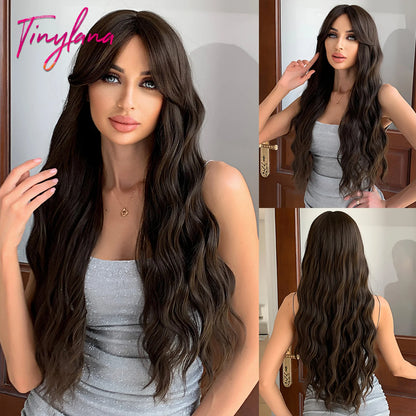 Super Long Black Wavy Synthetic Wigs with Bangs for Women Afro Dark Water Wave Halloween Cosplay Natural Hair Wig Heat Resistant