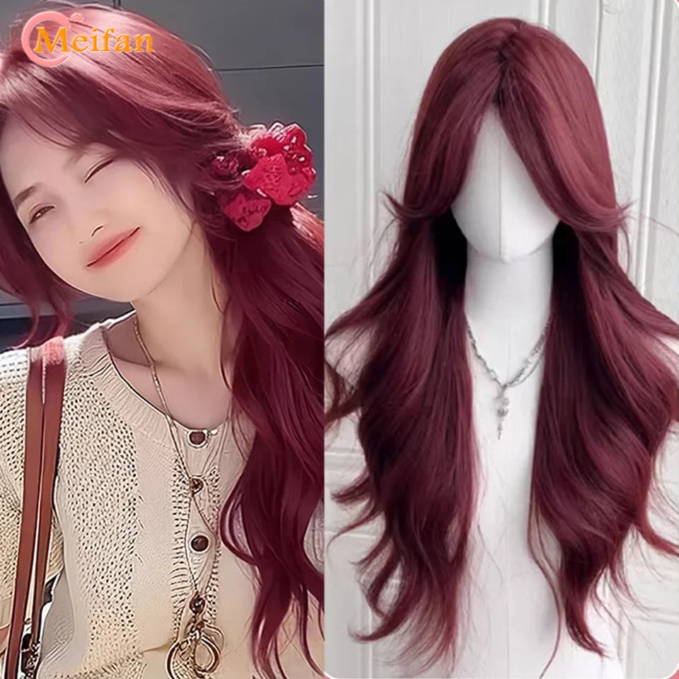 MEIFAN Synthetic Long Straight Lolita Wig with Bangs Wig Girl Cute Ombre Pink Blonde Black Cosplay Party Halloween Harajuku Wig