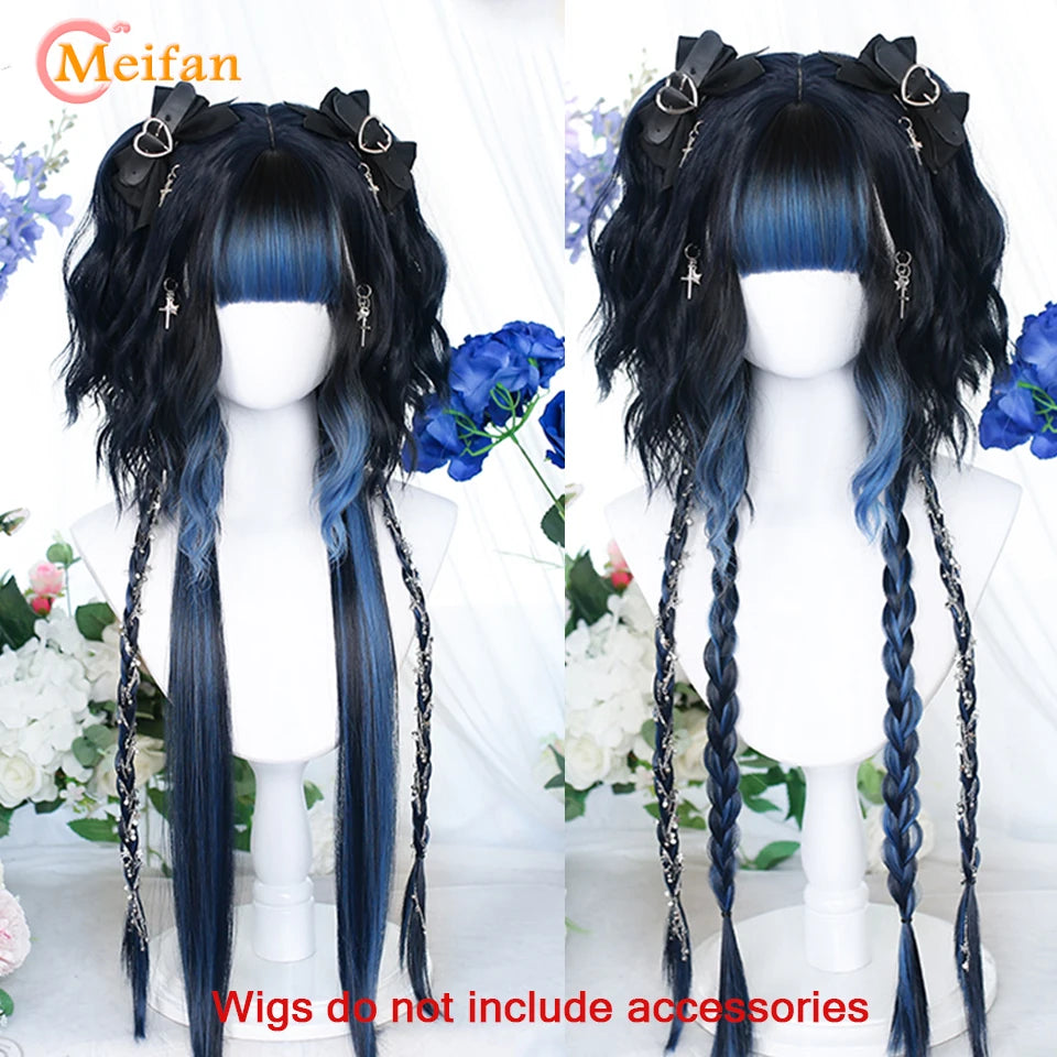 MEIFAN Synthetic Long Straight Lolita Wig with Bangs Wig Girl Cute Ombre Pink Blonde Black Cosplay Party Halloween Harajuku Wig