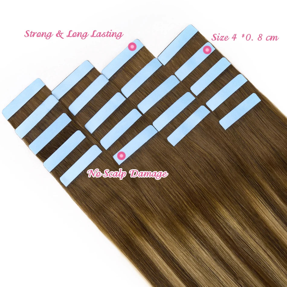PLADIO Tape in Hair Extensions Human Hair Highlight Seamless Double Side Skin Weft PU Invisible Tape Ins Remy Virgin Hair 14-22"