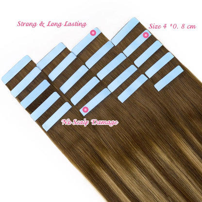 PLADIO Tape in Hair Extensions Human Hair Highlight Seamless Double Side Skin Weft PU Invisible Tape Ins Remy Virgin Hair 14-22"