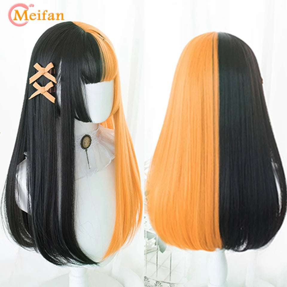 MEIFAN Synthetic Long Straight Lolita Wig with Bangs Wig Girl Cute Ombre Pink Blonde Black Cosplay Party Halloween Harajuku Wig