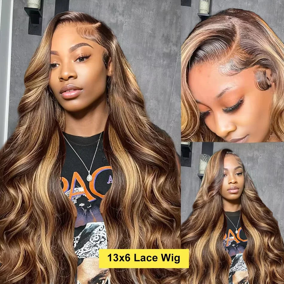 P4/27 Highlight Ombre Brown Body Wave 13x6 Human Hair Wig Honey Blonde Colored 13x4 HD Lace PrePlucked 40 50 Inch Wigs For Women