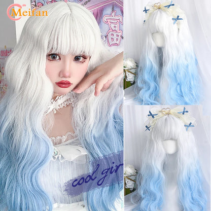 MEIFAN Synthetic Long Straight Lolita Wig with Bangs Wig Girl Cute Ombre Pink Blonde Black Cosplay Party Halloween Harajuku Wig