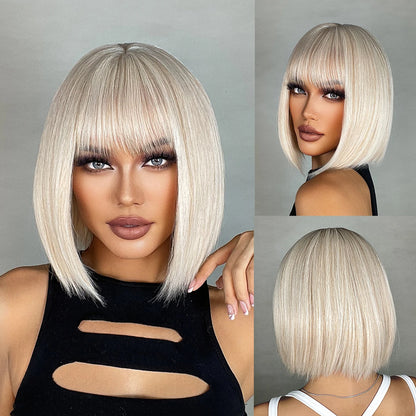 Short Straight Bob Wigs for Women Black Brown Synthetic Natural Hair Wig with Bangs Heat Resistant Cosplay Daily Use Hair