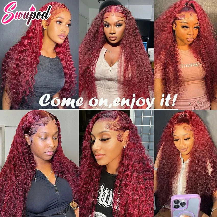 Swupod 200 Density 13x4 HD Lace Front Wig for Black Women Deep Wave Wavy Remy Human Hair 99J Burgundy Color Glueless