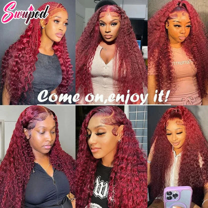 Swupod 200 Density 13x4 HD Lace Front Wig for Black Women Deep Wave Wavy Remy Human Hair 99J Burgundy Color Glueless