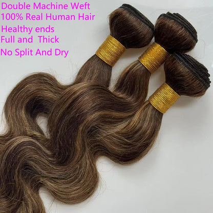 Highlight Bundles With Closure Brazilian Human Hair Ombre Body Wave Bundle With Frontal P4/27 Brown Color Remy Hair Weave Bundle