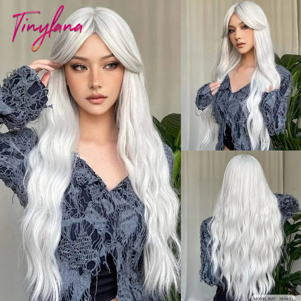 Super Long Black Wavy Synthetic Wigs with Bangs for Women Afro Dark Water Wave Halloween Cosplay Natural Hair Wig Heat Resistant