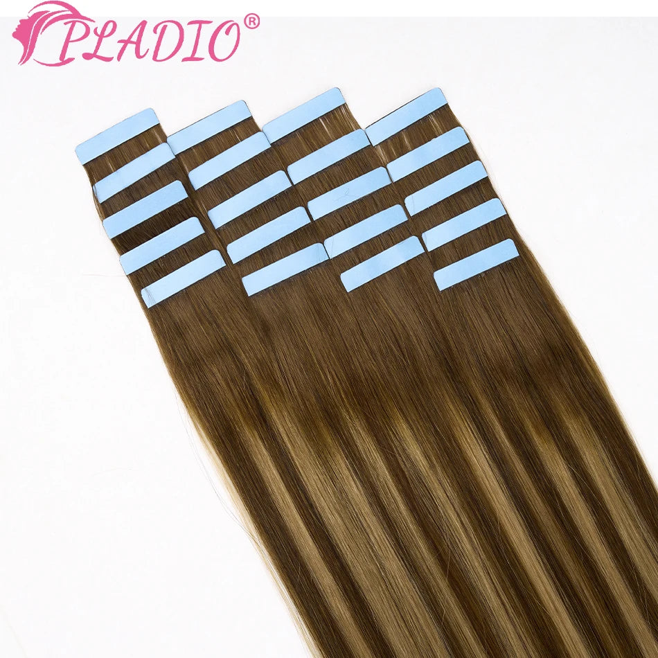 PLADIO Tape in Hair Extensions Human Hair Highlight Seamless Double Side Skin Weft PU Invisible Tape Ins Remy Virgin Hair 14-22"