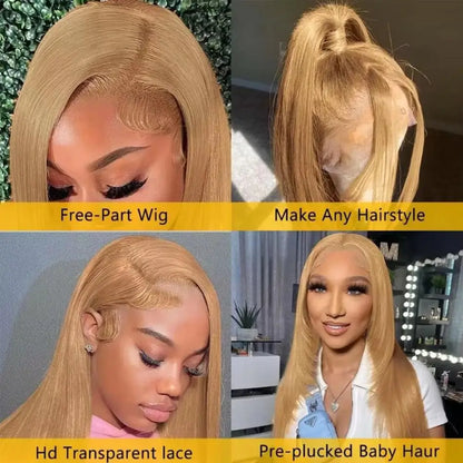 #27 Honey Blonde Human Hair Straight Wig 13X6 Lace Frontal Preplucked Wig 13x4 30 34 Inch Lace Front Colored Wigs For Women