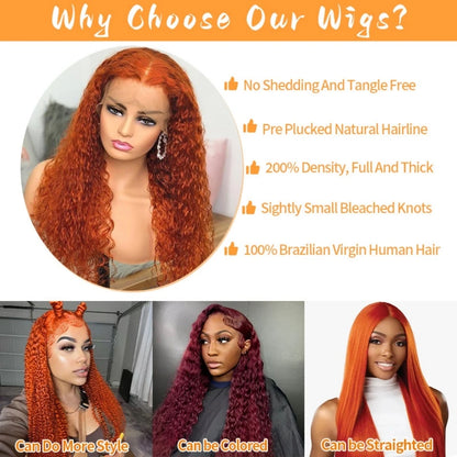 Ginger 250% Density 30 40 Inch Curly Brazilian Hd 13x6 Deep Wave Lace Frontal 13x4 Wig Colored Orange Lace Front Human Hair Wigs