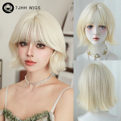 7JHH WIGS Short Wave Brown Bob Wig for Women Daily Use High Density Synthetic Fashion Wavy Cool Brown Hair Wigs with Neat Bangs