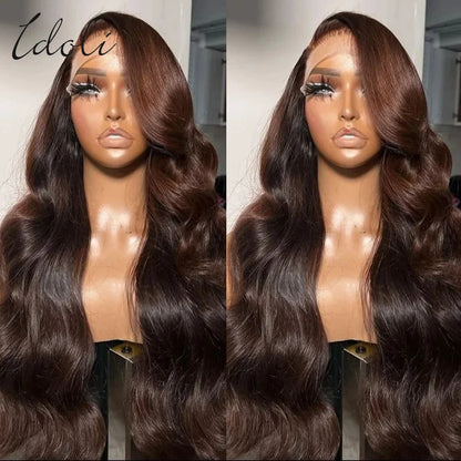 13x6 Chocolate Brown Body Wave Lace Front Wig Transparent Lace Frontal Wig Human Hair Preplucked Colored Human Hair Wigs 180%