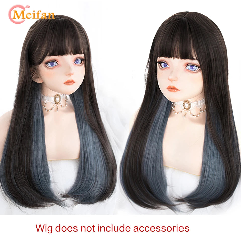 MEIFAN Synthetic Long Straight Lolita Wig with Bangs Wig Girl Cute Ombre Pink Blonde Black Cosplay Party Halloween Harajuku Wig