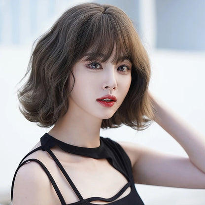 7JHH WIGS Short Wave Brown Bob Wig for Women Daily Use High Density Synthetic Fashion Wavy Cool Brown Hair Wigs with Neat Bangs