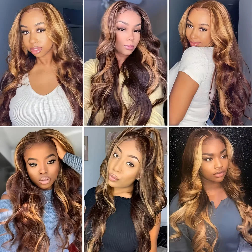 P4/27 Highlight Ombre Brown Body Wave 13x6 Human Hair Wig Honey Blonde Colored 13x4 HD Lace PrePlucked 40 50 Inch Wigs For Women