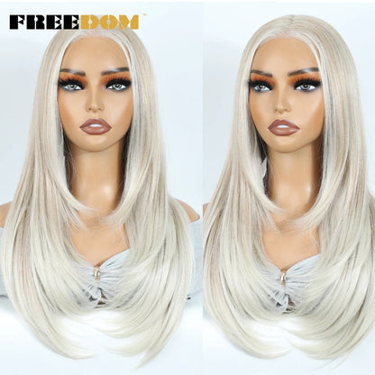 FREEDOM Synthetic Lace Front Wigs For Woman Long Layered Straight Wigs Ombre 6x4 Pre Plucked Pre Cut Wear and Go Glueless Wig