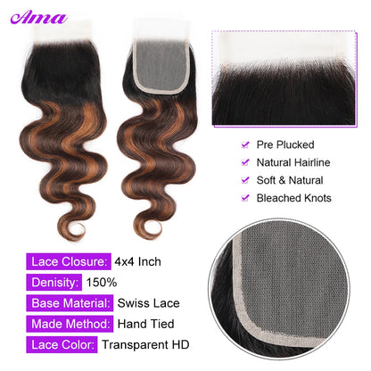 FB 30 Brown Highlight Bundles With Closure Ombred Body Wave Bundles With Closure 1b 4/30 Colored Human Hair Bundles With Closure