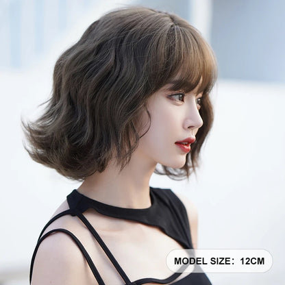 7JHH WIGS Short Wave Brown Bob Wig for Women Daily Use High Density Synthetic Fashion Wavy Cool Brown Hair Wigs with Neat Bangs