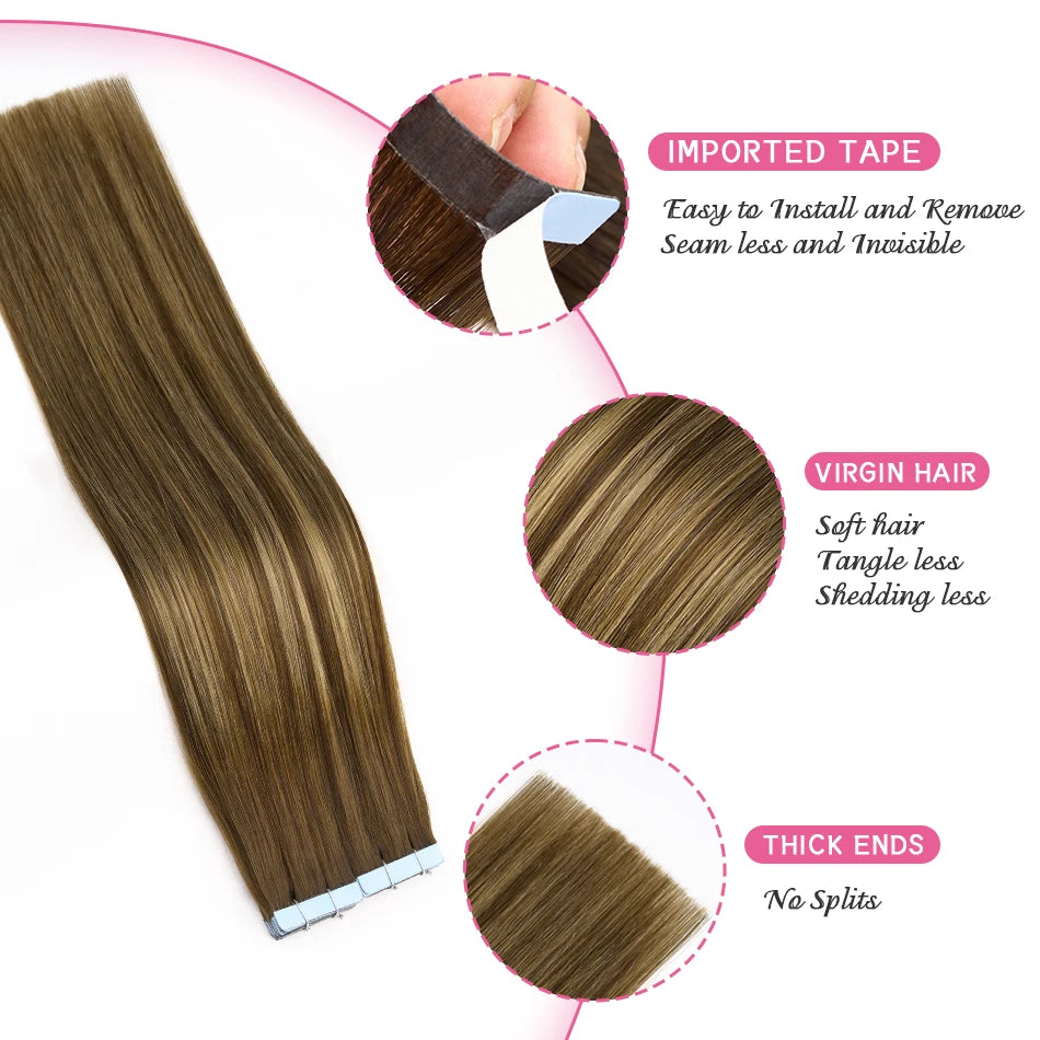 PLADIO Tape in Hair Extensions Human Hair Highlight Seamless Double Side Skin Weft PU Invisible Tape Ins Remy Virgin Hair 14-22"