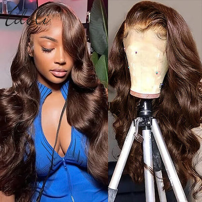 13x6 Chocolate Brown Body Wave Lace Front Wig Transparent Lace Frontal Wig Human Hair Preplucked Colored Human Hair Wigs 180%