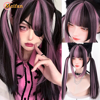 MEIFAN Synthetic Long Straight Lolita Wig with Bangs Wig Girl Cute Ombre Pink Blonde Black Cosplay Party Halloween Harajuku Wig