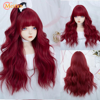 MEIFAN Synthetic Long Straight Lolita Wig with Bangs Wig Girl Cute Ombre Pink Blonde Black Cosplay Party Halloween Harajuku Wig