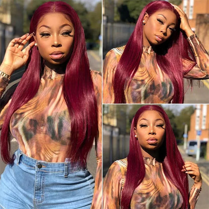 Burgundy Straight 13x6 HD Lace Frontal Wigs Human Hair 30 40 42 Inch 99j Red Colored 13x4 Transparent Lace Front Human Hair Wigs