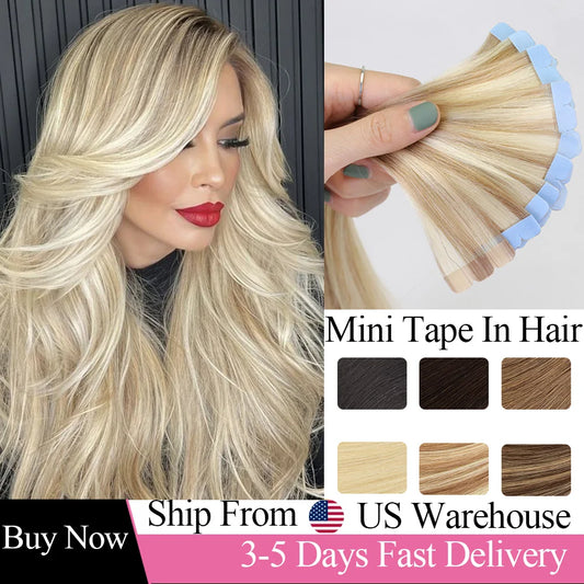 Natural Mini Tape in Human Hair Extensions Double Side Invisible Seamless Straight Black Brown Blonde Tape in Hair 10pcs/set