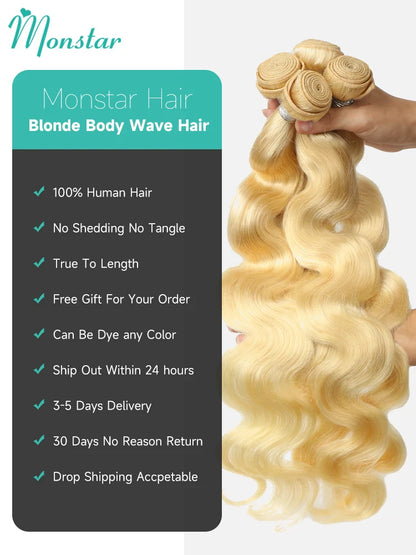 Monstar 1/3/4 613 Blonde Hair Extension Brazilian Hair Weave Bundles Body Wave Remy Human Hair Long 26 28 30 32 34 36 38 40 Inch
