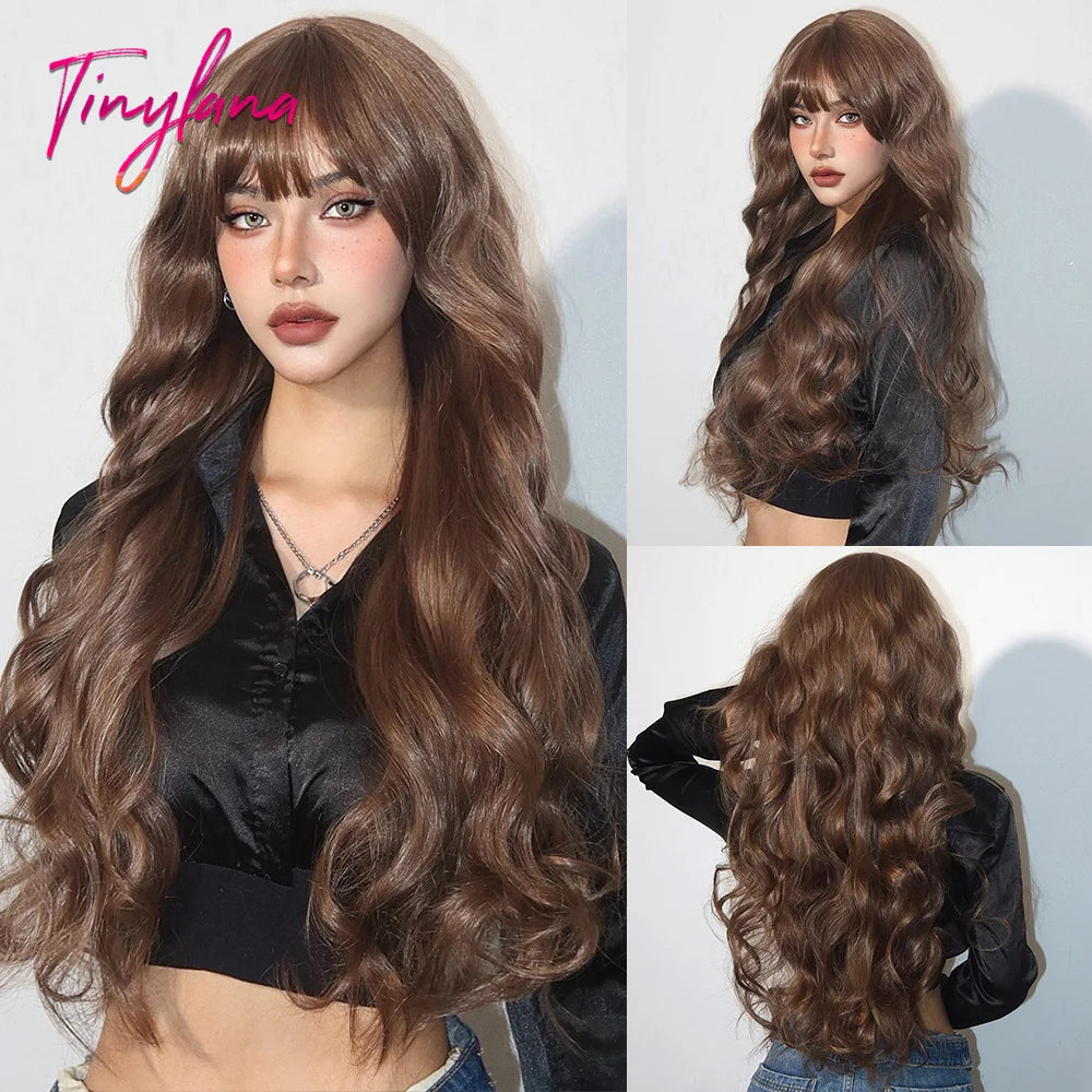 Super Long Black Wavy Synthetic Wigs with Bangs for Women Afro Dark Water Wave Halloween Cosplay Natural Hair Wig Heat Resistant