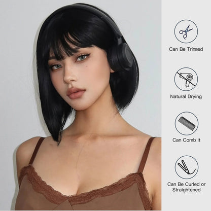 Short Straight Bob Wigs for Women Black Brown Synthetic Natural Hair Wig with Bangs Heat Resistant Cosplay Daily Use Hair