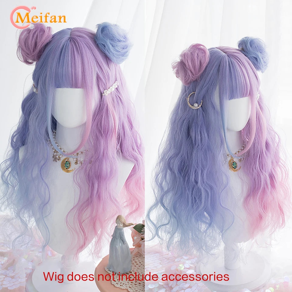 MEIFAN Synthetic Long Straight Lolita Wig with Bangs Wig Girl Cute Ombre Pink Blonde Black Cosplay Party Halloween Harajuku Wig