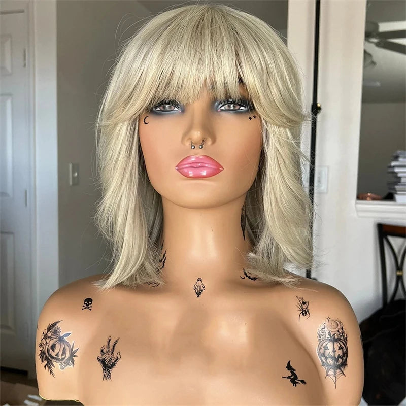 Platinum Blonde Lace Part Wig with Bangs Short Bob Woman Wigs Ladies Fringe Glueless WEar and Go Hd Transparent Lace Front Wig